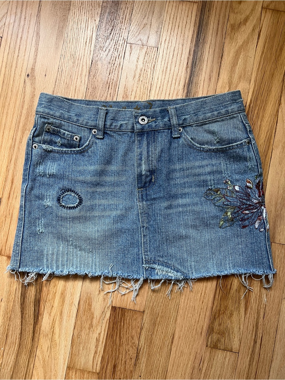 Y2K Denim Mini Skirt with Embroidered Detail